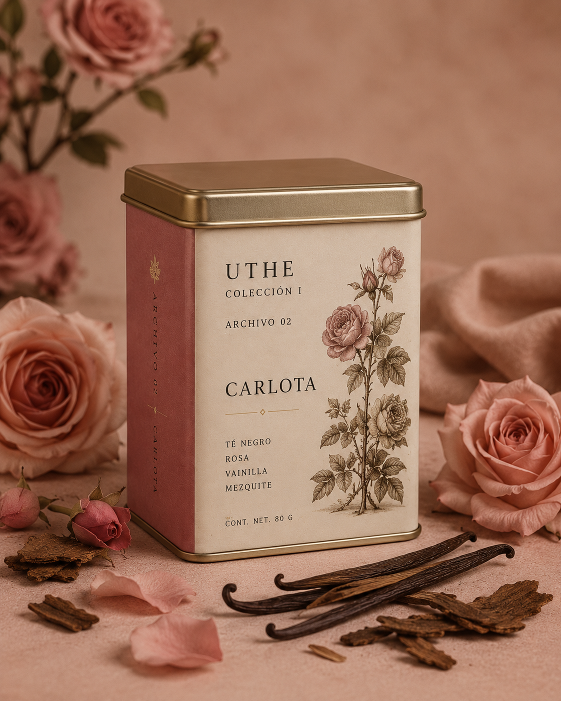 Lata de té UTHE Carlota — blend de té negro con rosa, mezquite y vainilla