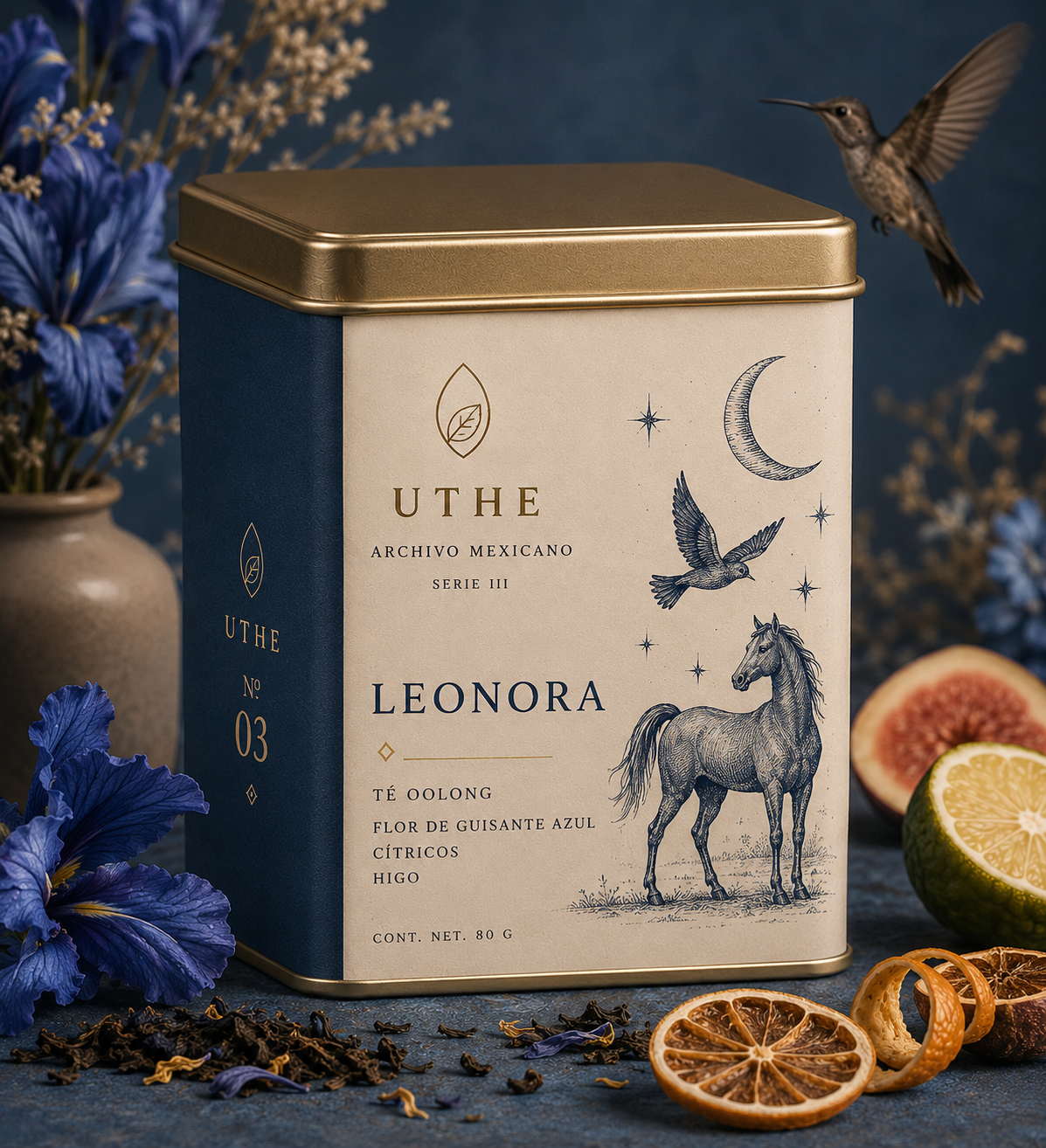Lata de té UTHE Leonora — blend de té oolong con flor azul y cítricos